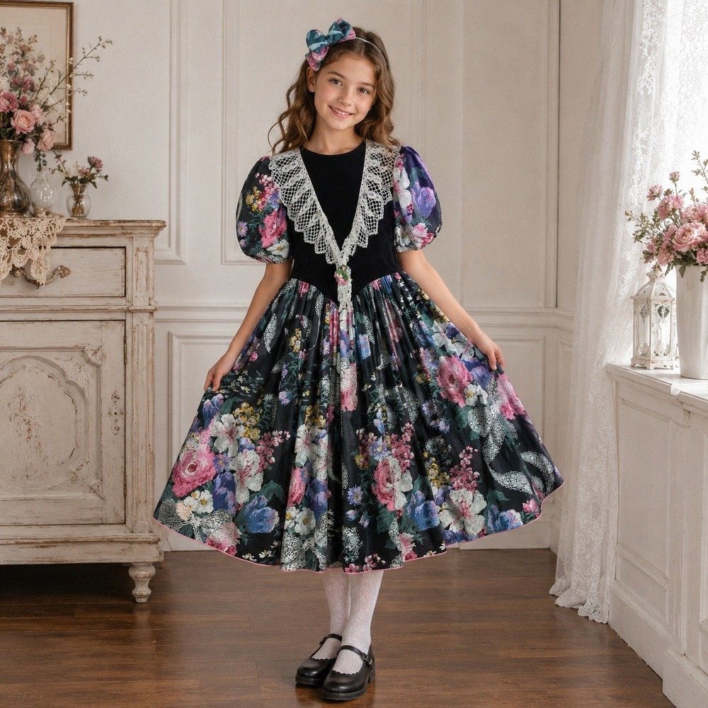 Daisy Kingdom Dress Girls 10 Black Floral‎ Velvet Lace Cottagecore Whimsigoth